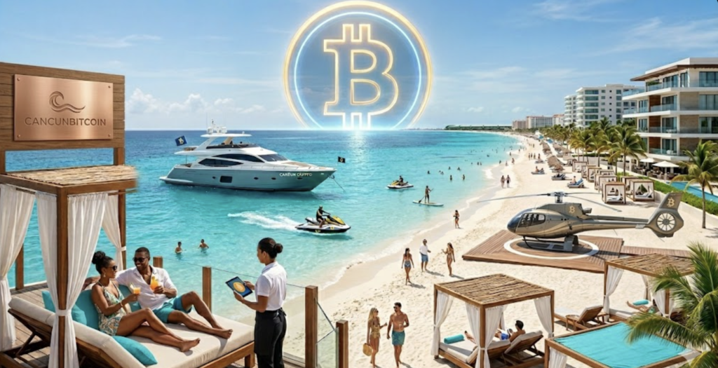 An exclusive beachfront club in Cancun with guests relaxing in luxury cabanas, a yacht sailing nearby, and a private helicopter on a landing pad, with a glowing Bitcoin hologram on the horizon.